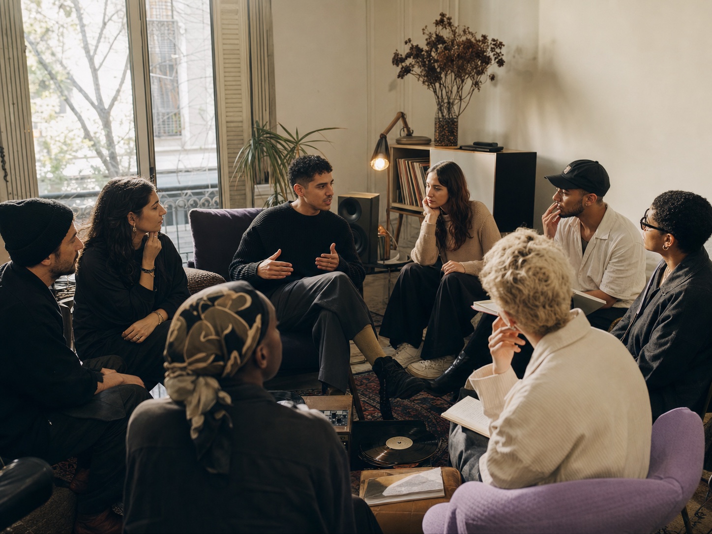 Artistas, productores y compositores colaborando en un estudio de grabación