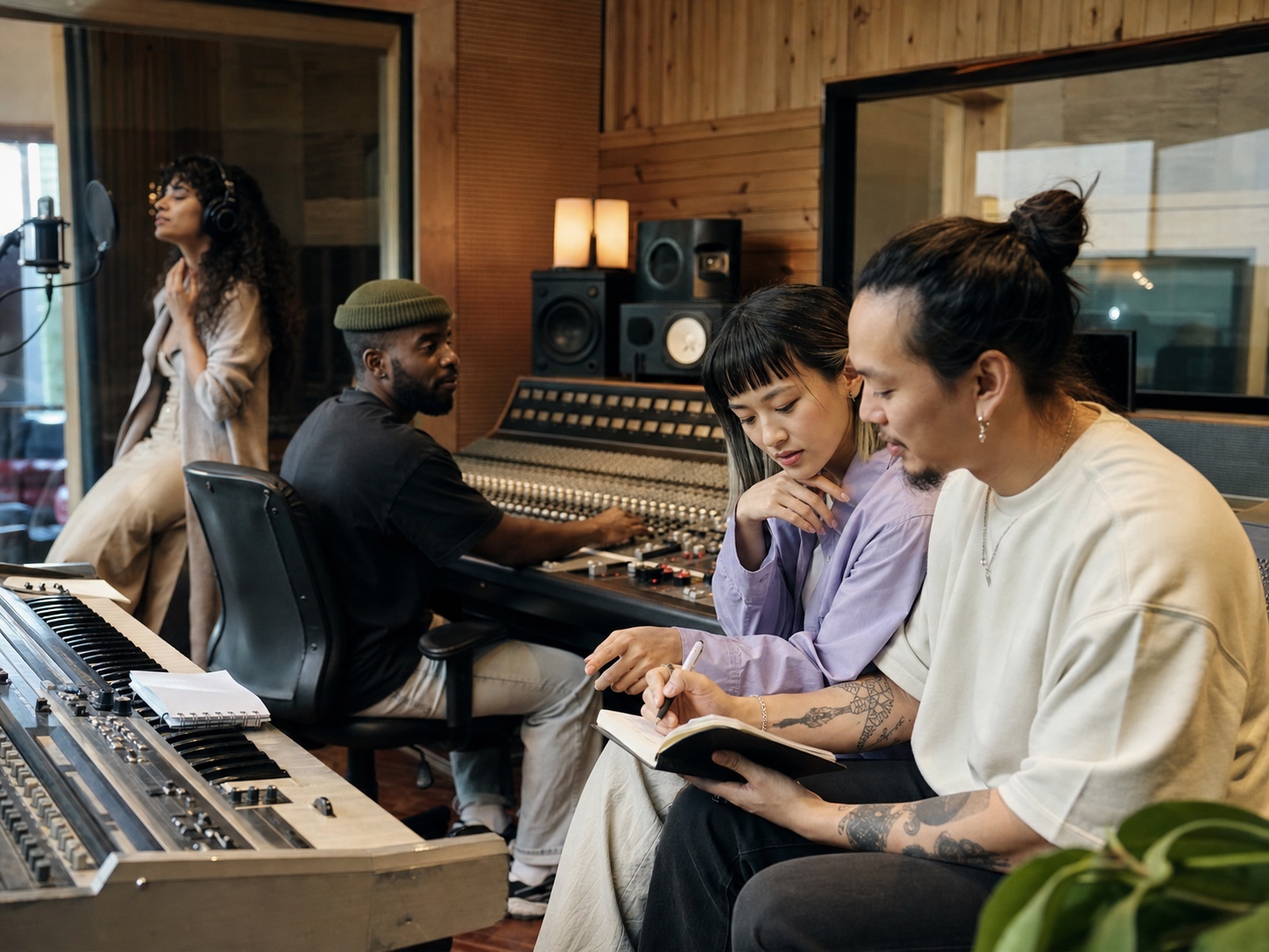 Artistas, productores y compositores colaborando en un estudio de grabación